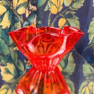 Vintage Red Orange Art Glass Ruffled Bowl Controlled Bubble Mid Century 4.5"